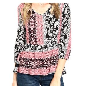 NWT Women's Festival Boho Paisley Peplum Top Blouse